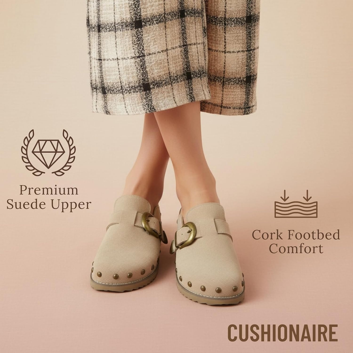 image:imageCUSHIONAIRE Bronco Slip On Mule Womens Shoes Genuine Suede Leather Clogs with Adjustable Buckle and Studded Detailing Stylish Fall Shoes for WomenBiscuit