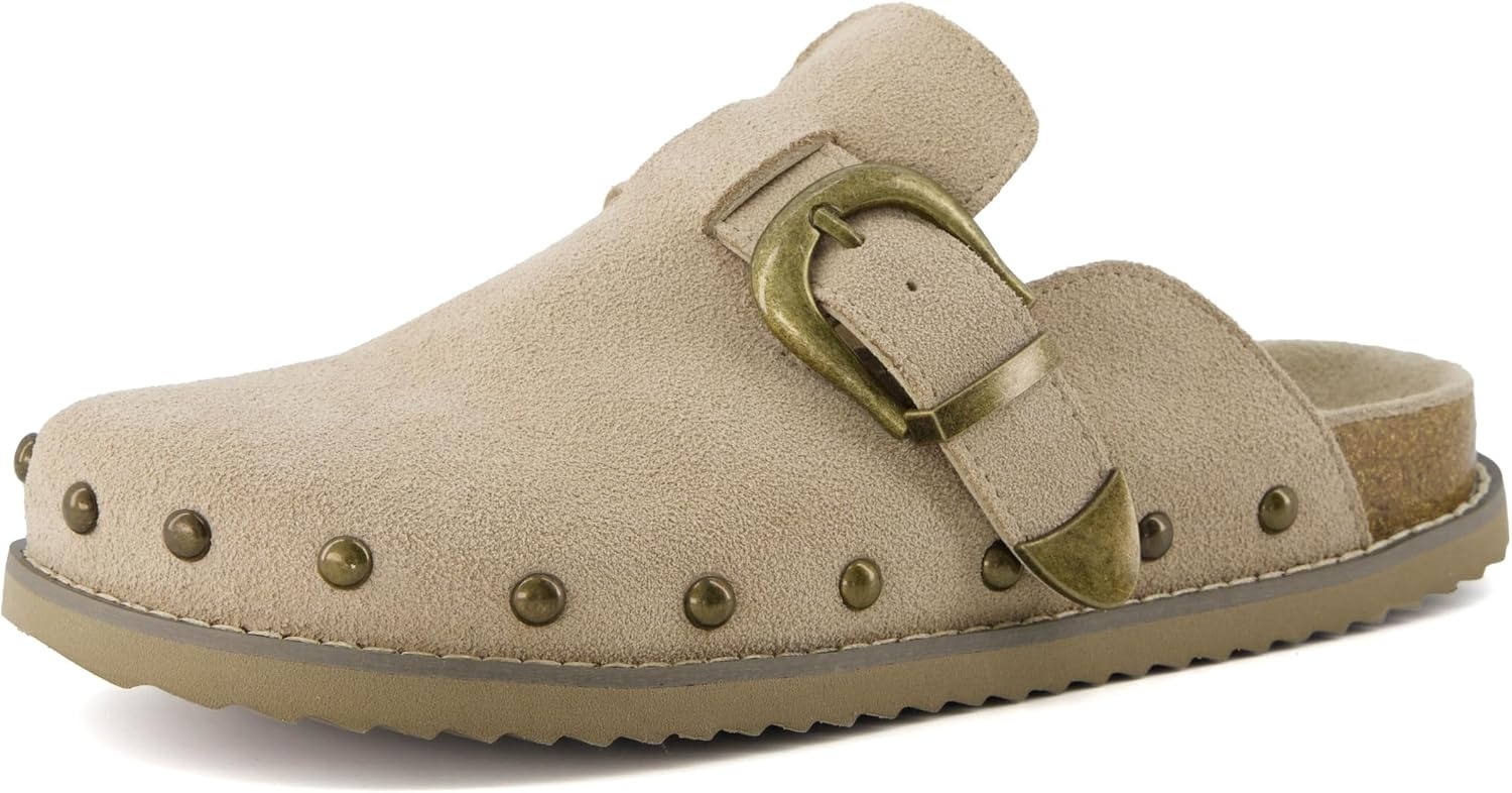 image:imageCUSHIONAIRE Bronco Slip On Mule Womens Shoes Genuine Suede Leather Clogs with Adjustable Buckle and Studded Detailing Stylish Fall Shoes for WomenBiscuit