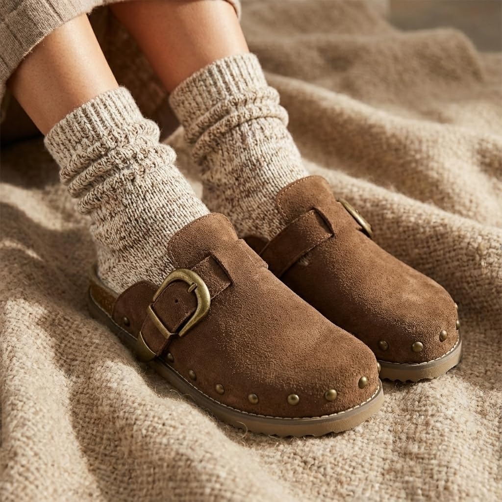 image:imageCUSHIONAIRE Bronco Slip On Mule Womens Shoes Genuine Suede Leather Clogs with Adjustable Buckle and Studded Detailing Stylish Fall Shoes for WomenBrown