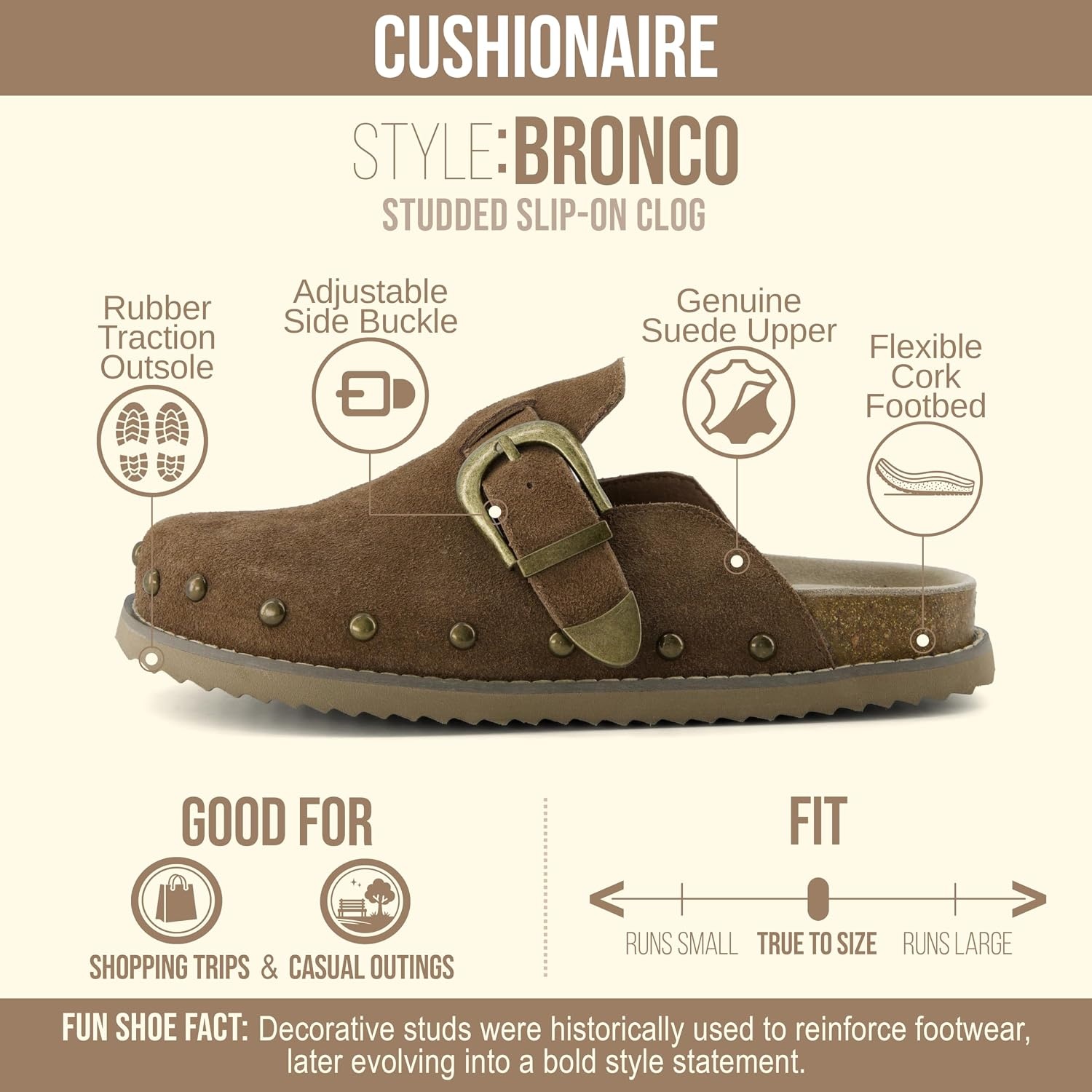 image:imageCUSHIONAIRE Bronco Slip On Mule Womens Shoes Genuine Suede Leather Clogs with Adjustable Buckle and Studded Detailing Stylish Fall Shoes for WomenBrown