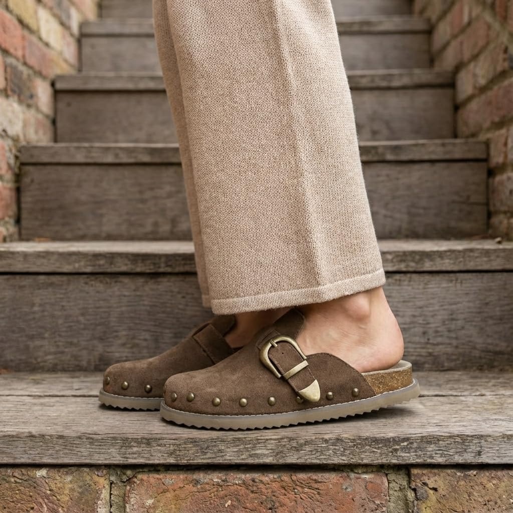 image:imageCUSHIONAIRE Bronco Slip On Mule Womens Shoes Genuine Suede Leather Clogs with Adjustable Buckle and Studded Detailing Stylish Fall Shoes for WomenBrown