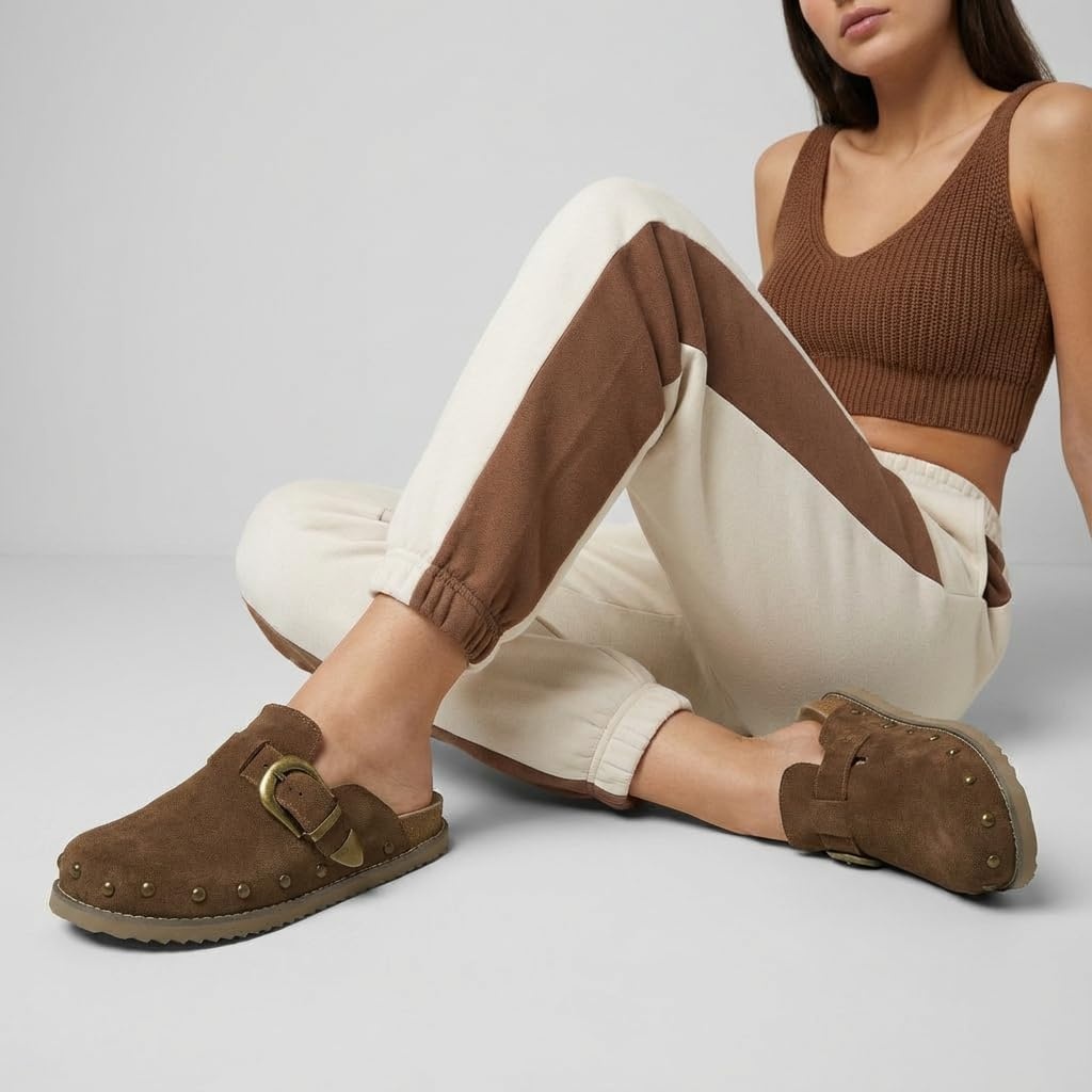 image:imageCUSHIONAIRE Bronco Slip On Mule Womens Shoes Genuine Suede Leather Clogs with Adjustable Buckle and Studded Detailing Stylish Fall Shoes for WomenBrown