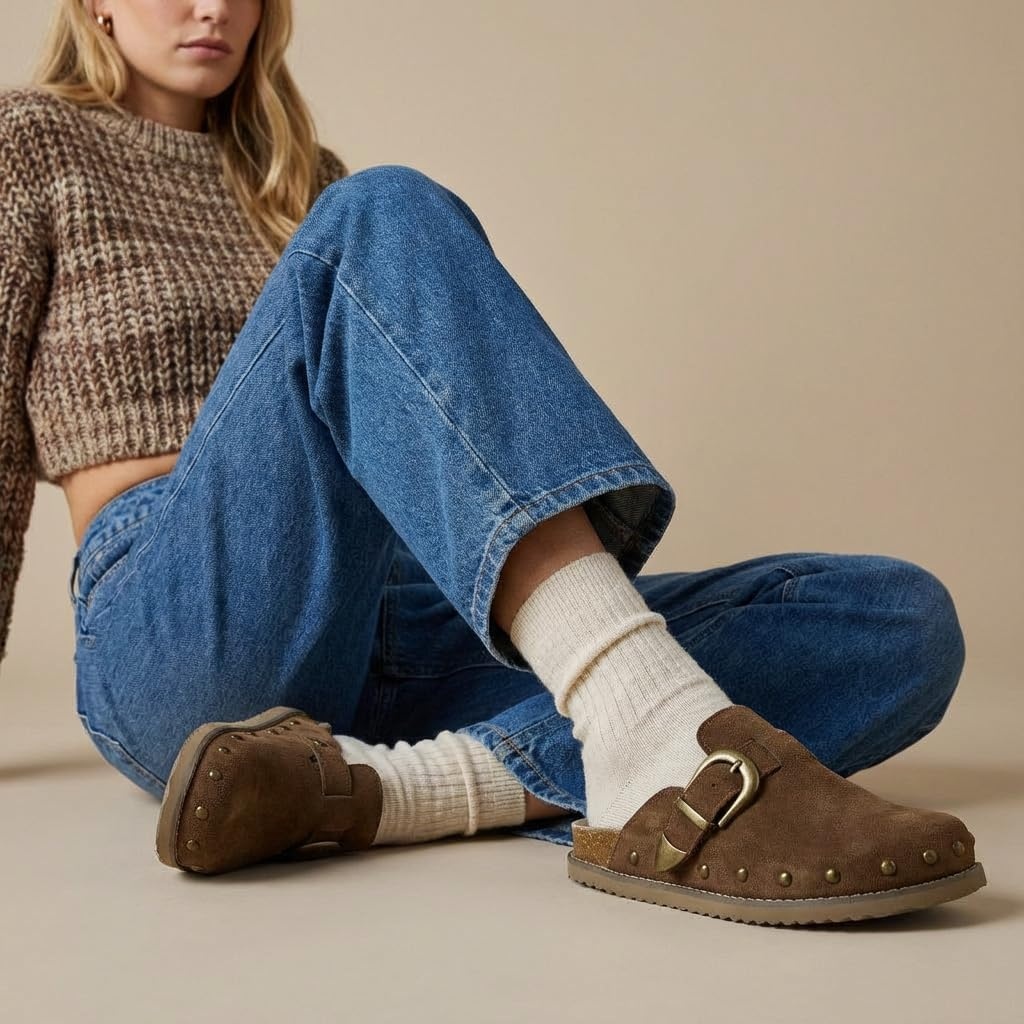 image:imageCUSHIONAIRE Bronco Slip On Mule Womens Shoes Genuine Suede Leather Clogs with Adjustable Buckle and Studded Detailing Stylish Fall Shoes for WomenBrown