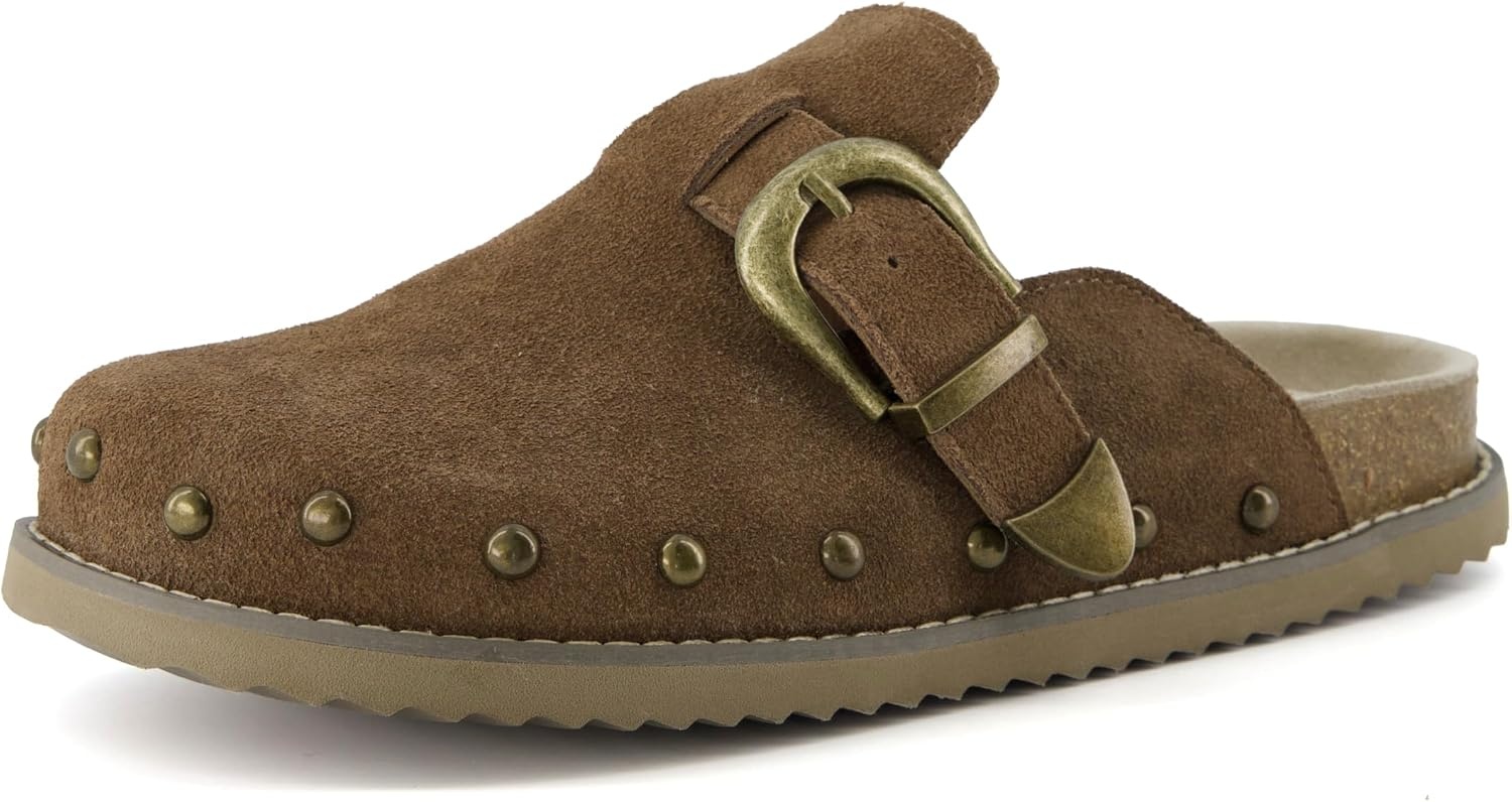 image:imageCUSHIONAIRE Bronco Slip On Mule Womens Shoes Genuine Suede Leather Clogs with Adjustable Buckle and Studded Detailing Stylish Fall Shoes for WomenBrown