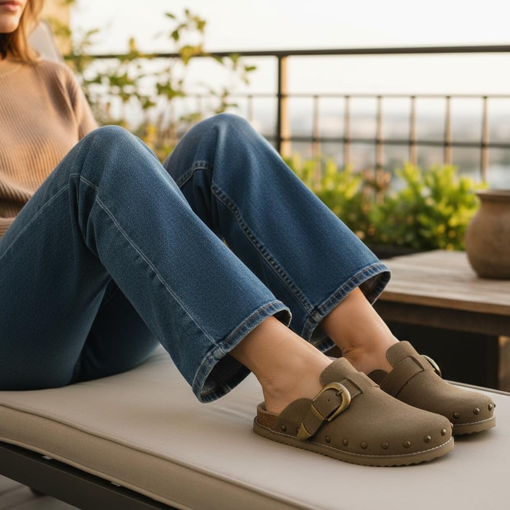 image:imageCUSHIONAIRE Bronco Slip On Mule Womens Shoes Genuine Suede Leather Clogs with Adjustable Buckle and Studded Detailing Stylish Fall Shoes for WomenMoss