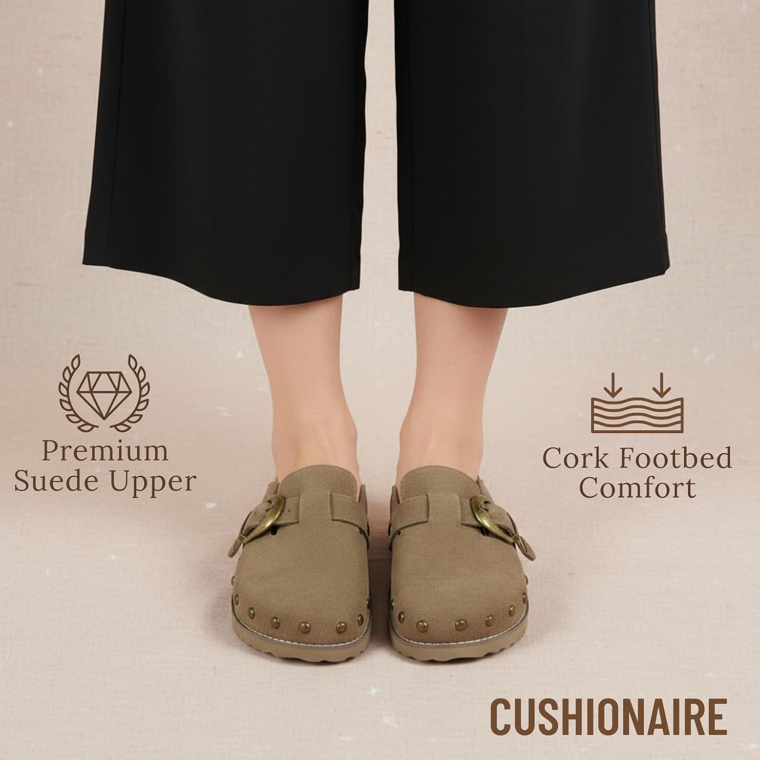 image:imageCUSHIONAIRE Bronco Slip On Mule Womens Shoes Genuine Suede Leather Clogs with Adjustable Buckle and Studded Detailing Stylish Fall Shoes for WomenMoss