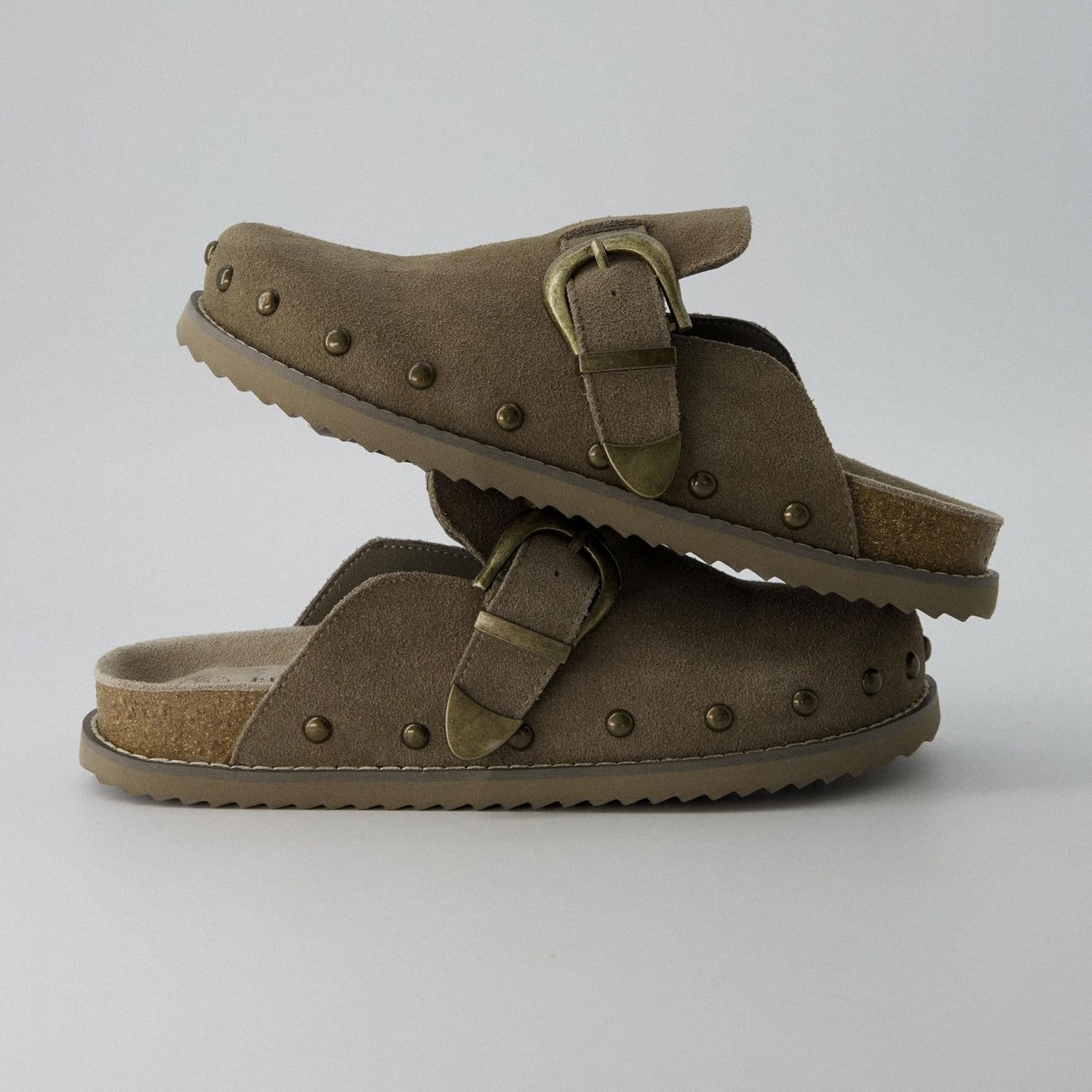 image:imageCUSHIONAIRE Bronco Slip On Mule Womens Shoes Genuine Suede Leather Clogs with Adjustable Buckle and Studded Detailing Stylish Fall Shoes for WomenMoss