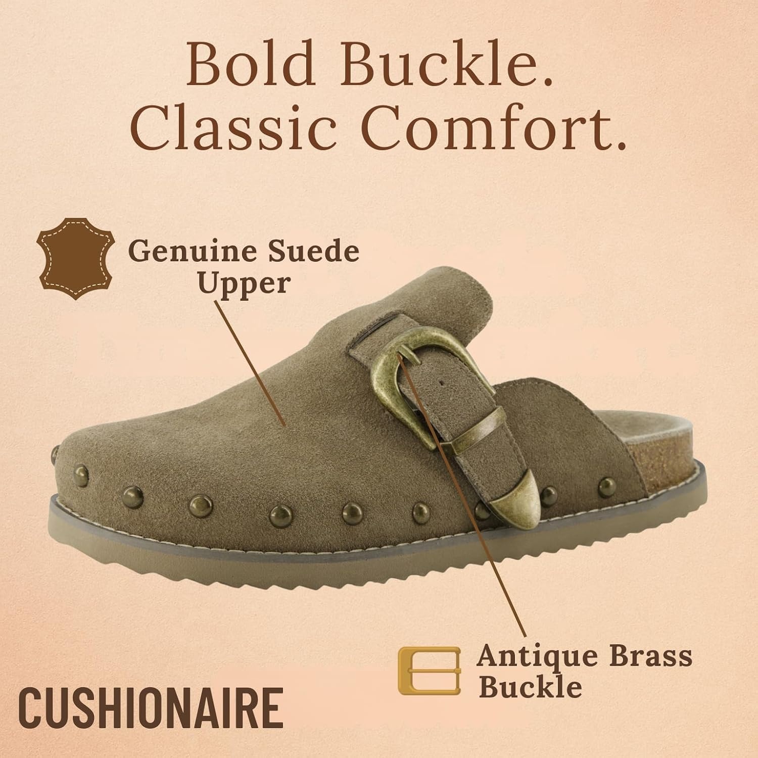 image:imageCUSHIONAIRE Bronco Slip On Mule Womens Shoes Genuine Suede Leather Clogs with Adjustable Buckle and Studded Detailing Stylish Fall Shoes for WomenMoss