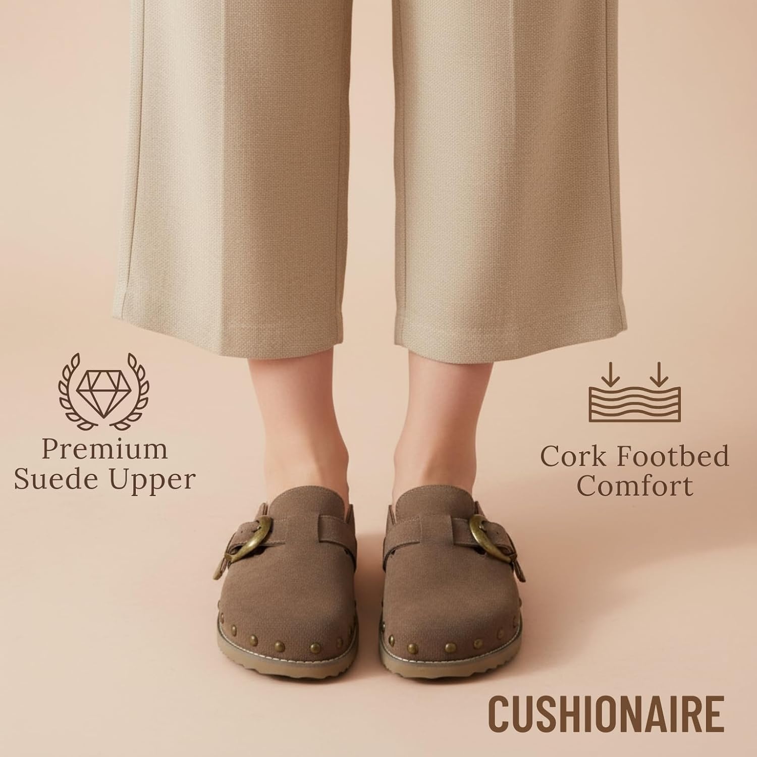 image:imageCUSHIONAIRE Bronco Slip On Mule Womens Shoes Genuine Suede Leather Clogs with Adjustable Buckle and Studded Detailing Stylish Fall Shoes for WomenTaupe