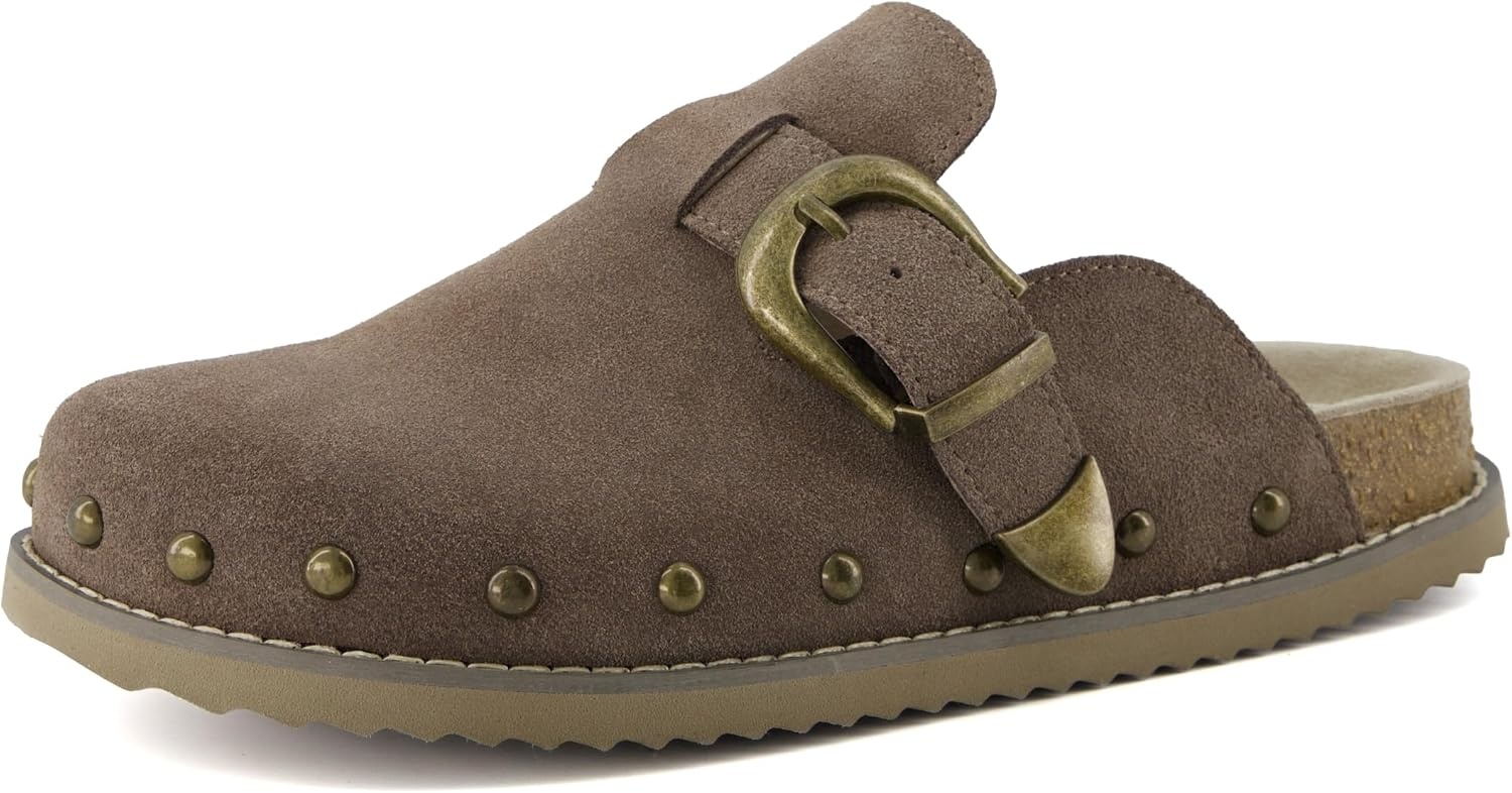 image:imageCUSHIONAIRE Bronco Slip On Mule Womens Shoes Genuine Suede Leather Clogs with Adjustable Buckle and Studded Detailing Stylish Fall Shoes for WomenTaupe
