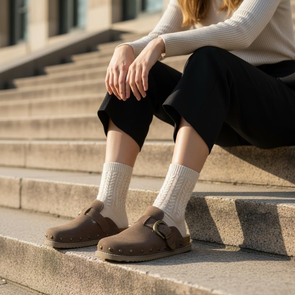image:imageCUSHIONAIRE Bronco Slip On Mule Womens Shoes Genuine Suede Leather Clogs with Adjustable Buckle and Studded Detailing Stylish Fall Shoes for WomenTaupe