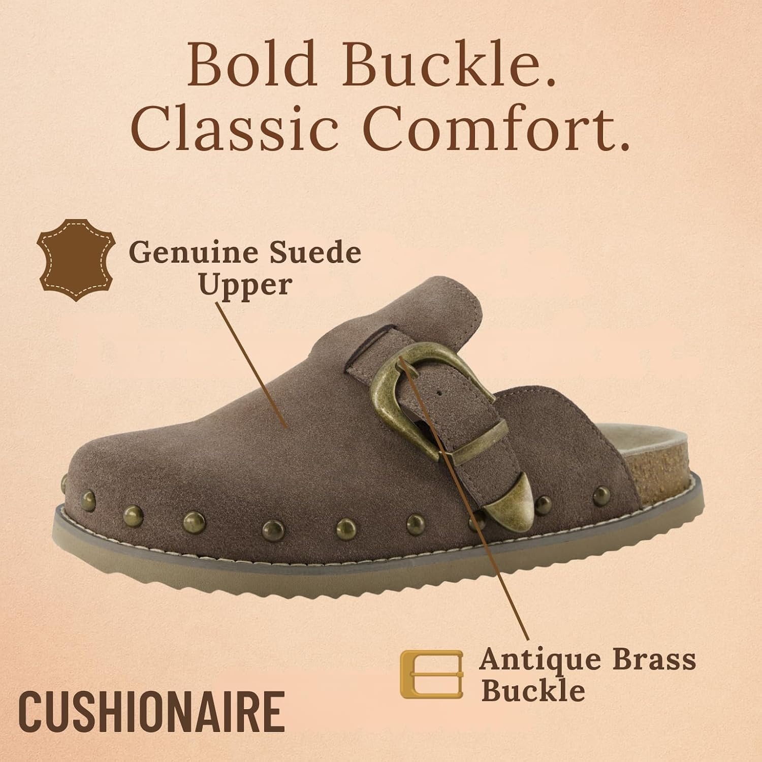 image:imageCUSHIONAIRE Bronco Slip On Mule Womens Shoes Genuine Suede Leather Clogs with Adjustable Buckle and Studded Detailing Stylish Fall Shoes for WomenTaupe