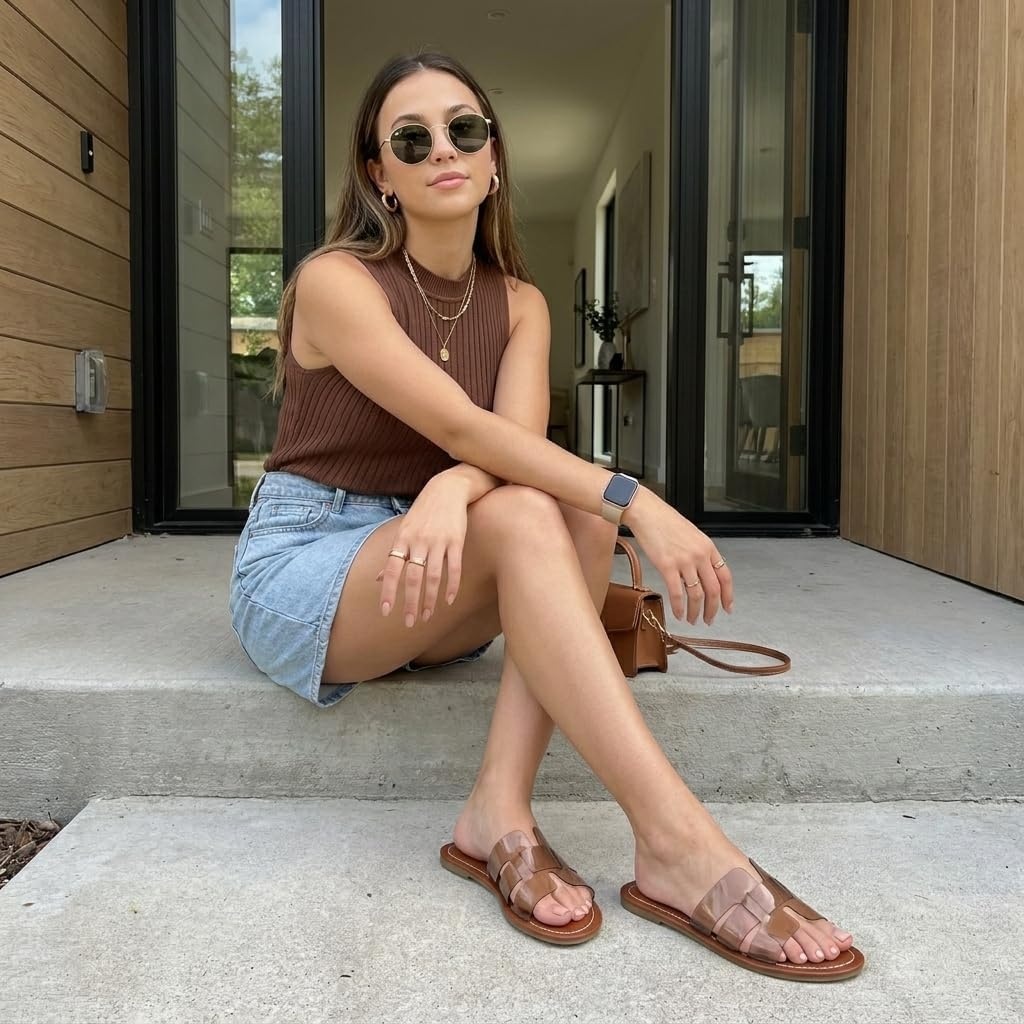 image:imageCUSHIONAIRE Caper Jelly Sandals for Women Comfortable Womens Slides with Cushioned Footbed and Wide Widths AvailableWhiskey