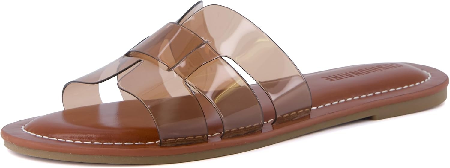 image:imageCUSHIONAIRE Caper Jelly Sandals for Women Comfortable Womens Slides with Cushioned Footbed and Wide Widths AvailableWhiskey