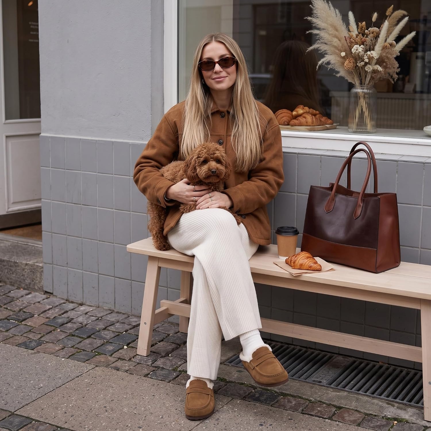 image:imageCUSHIONAIRE Casey Genuine Suede Moccasin Slippers for Women Cozy House Shoes with Moc Toe and Penny Loafer StrapBrown