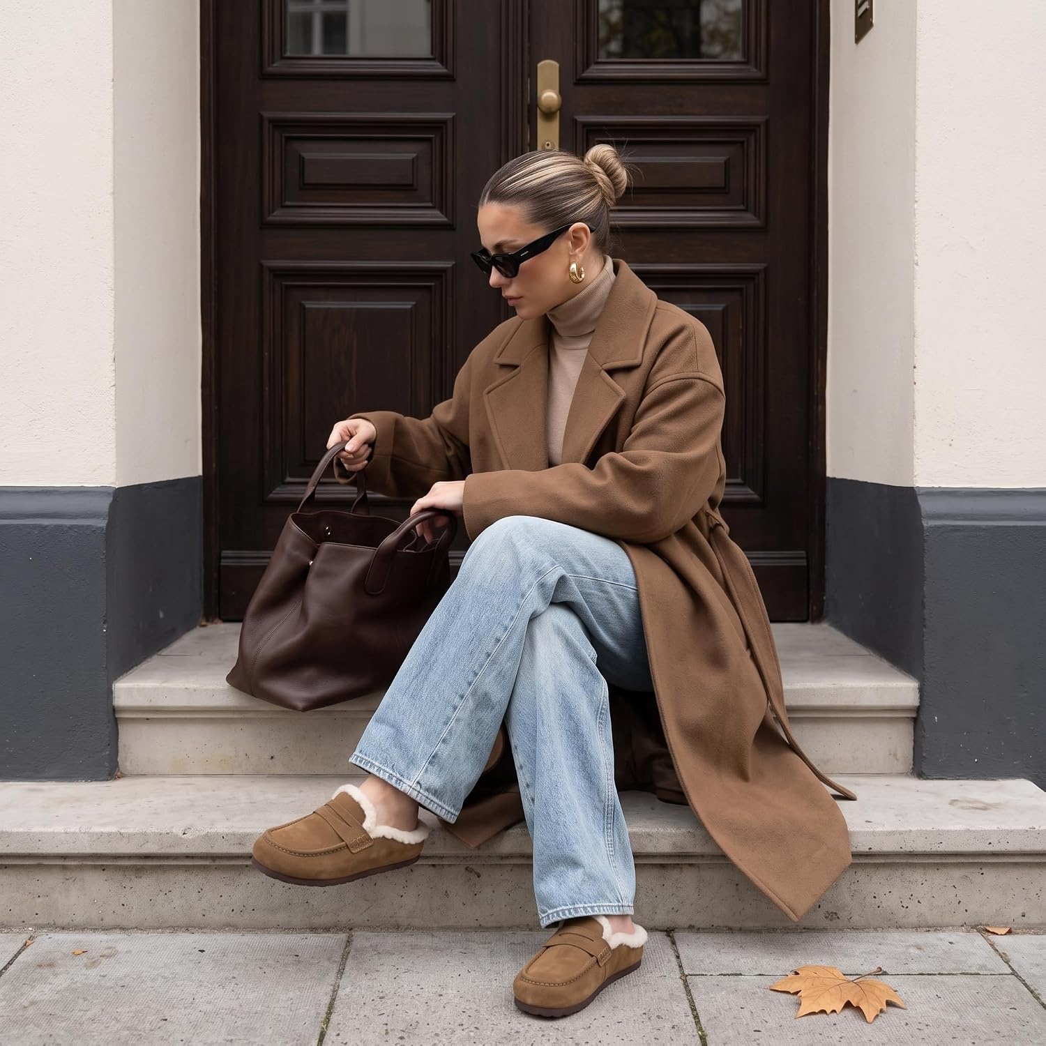 image:imageCUSHIONAIRE Casey Genuine Suede Moccasin Slippers for Women Cozy House Shoes with Moc Toe and Penny Loafer StrapBrown