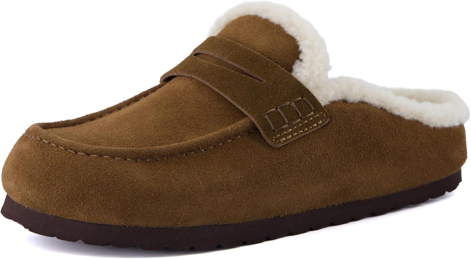 image:imageCUSHIONAIRE Casey Genuine Suede Moccasin Slippers for Women Cozy House Shoes with Moc Toe and Penny Loafer StrapBrown