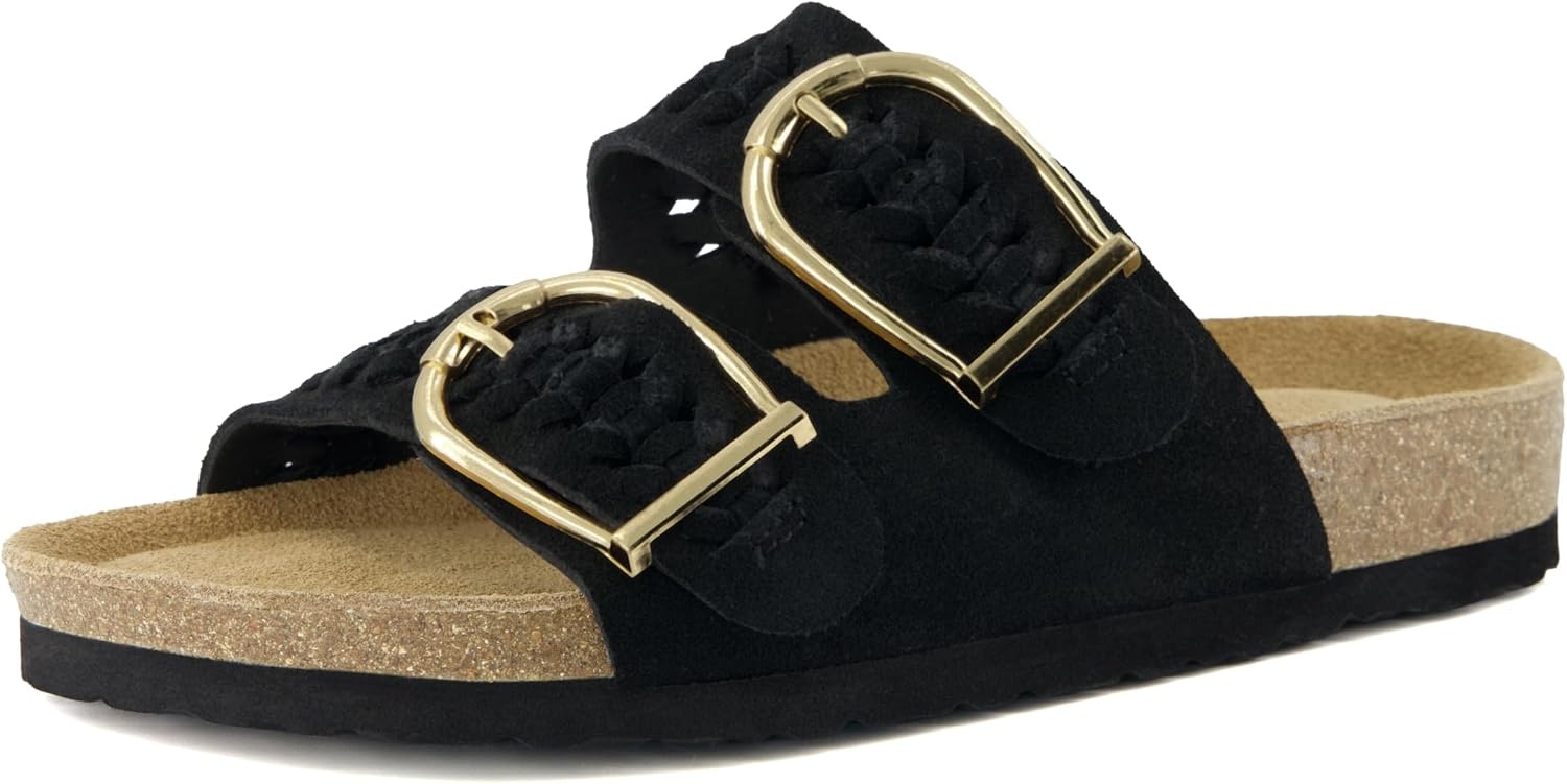 image:imageCUSHIONAIRE Cashew Slip On Womens Sandals Genuine Suede Leather Braided Double Strap Slide On Sandals with Adjustable Big Buckle for WomenBlack