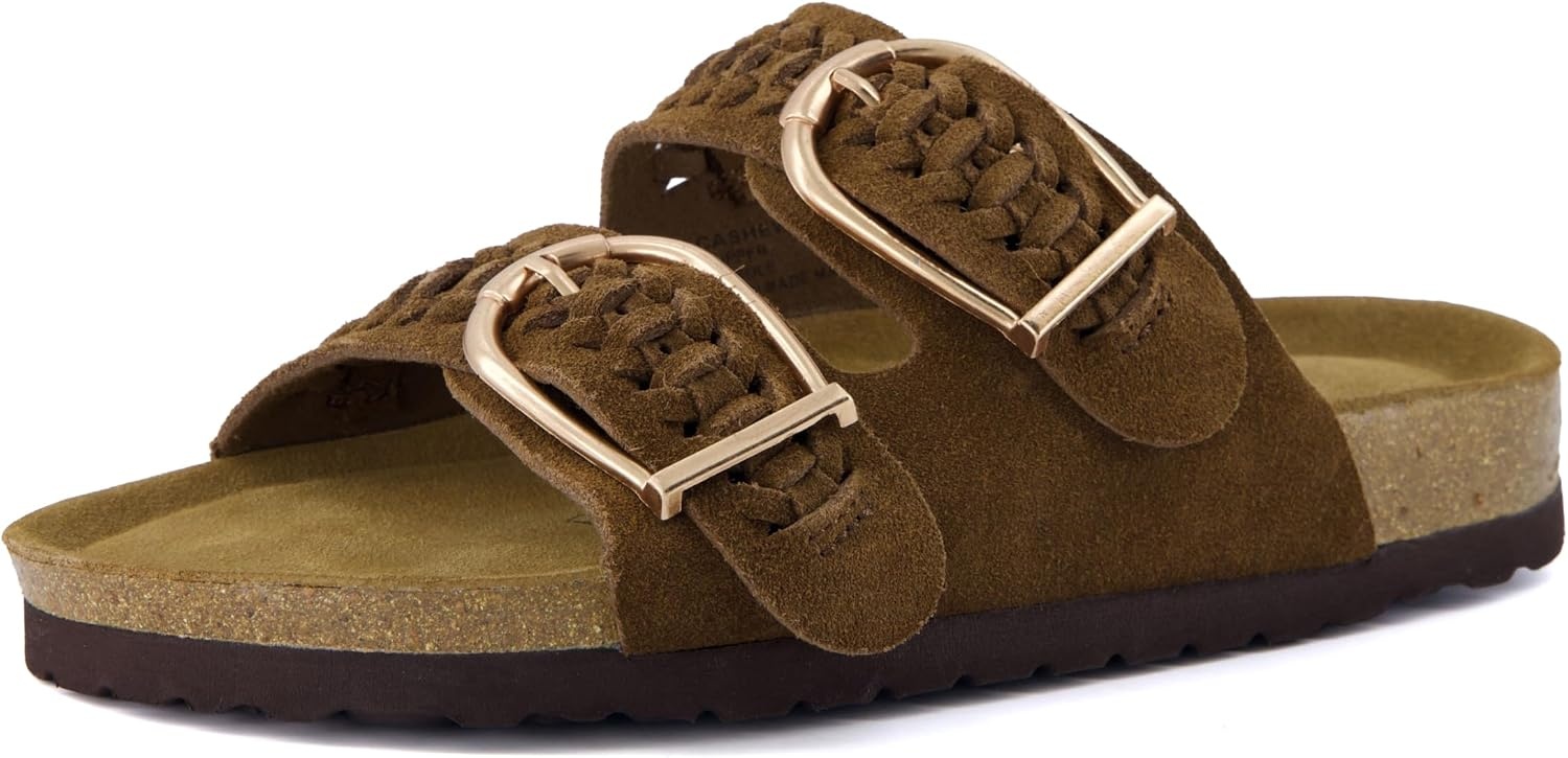 image:imageCUSHIONAIRE Cashew Slip On Womens Sandals Genuine Suede Leather Braided Double Strap Slide On Sandals with Adjustable Big Buckle for WomenBrown