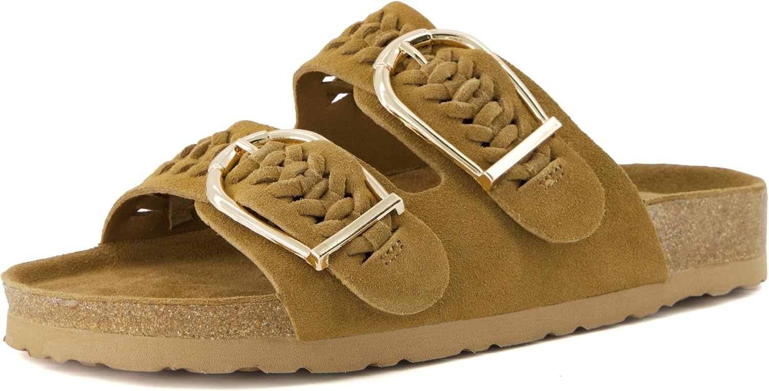 image:imageCUSHIONAIRE Cashew Slip On Womens Sandals Genuine Suede Leather Braided Double Strap Slide On Sandals with Adjustable Big Buckle for WomenChestnut