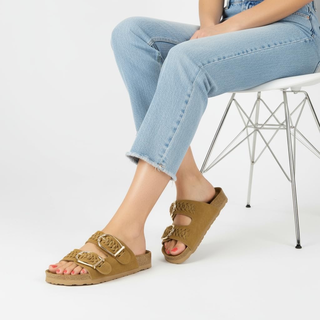 image:imageCUSHIONAIRE Cashew Slip On Womens Sandals Genuine Suede Leather Braided Double Strap Slide On Sandals with Adjustable Big Buckle for WomenChestnut