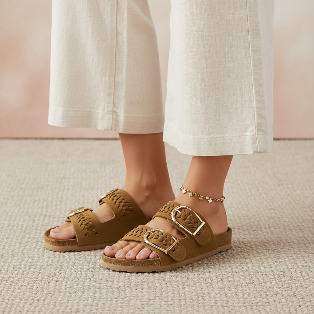 image:imageCUSHIONAIRE Cashew Slip On Womens Sandals Genuine Suede Leather Braided Double Strap Slide On Sandals with Adjustable Big Buckle for WomenChestnut