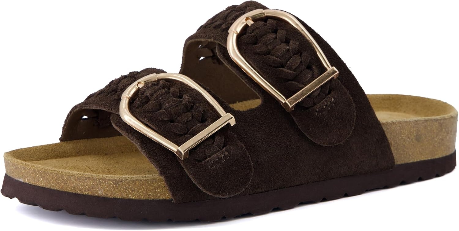 image:imageCUSHIONAIRE Cashew Slip On Womens Sandals Genuine Suede Leather Braided Double Strap Slide On Sandals with Adjustable Big Buckle for WomenChocolate