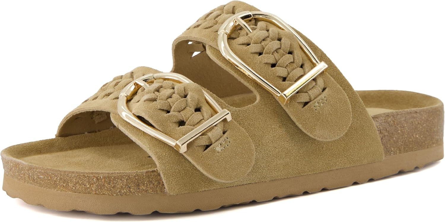 image:imageCUSHIONAIRE Cashew Slip On Womens Sandals Genuine Suede Leather Braided Double Strap Slide On Sandals with Adjustable Big Buckle for WomenSand