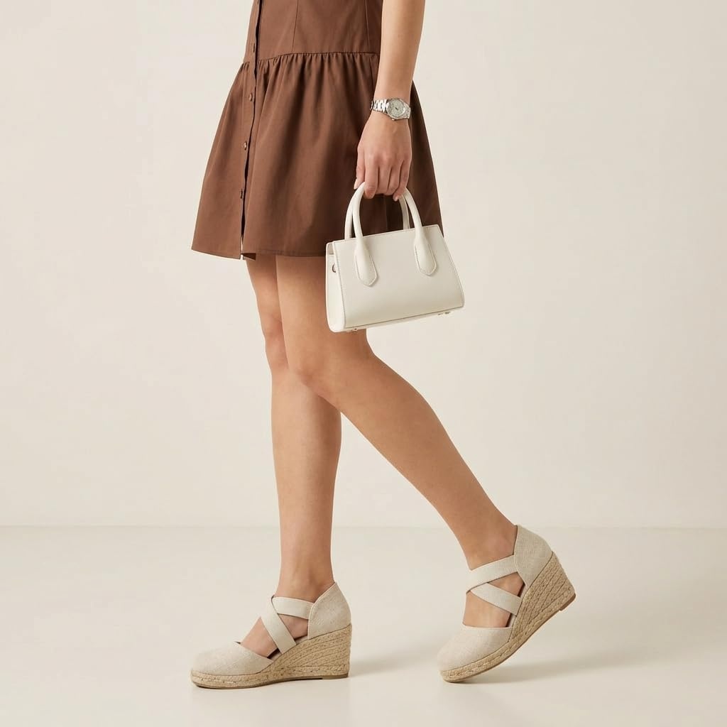 image:imageCUSHIONAIRE Chica Espadrille Wedge Sandals for Women Slip On Closed Toe Women Shoes with Elastic Straps and Stylish Everyday ComfortBeige