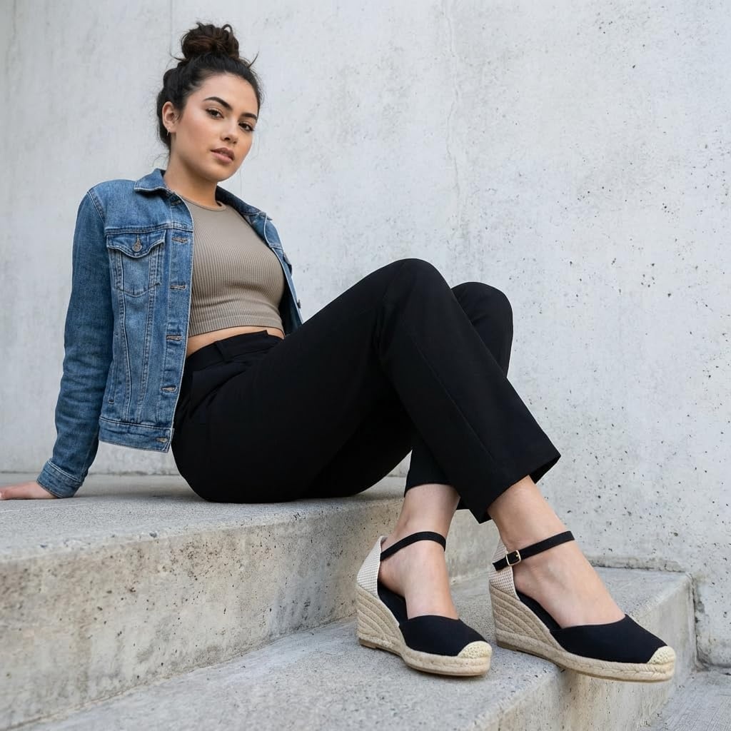 image:imageCUSHIONAIRE Elche Closed Toe Wedge Sandals for Women Platform Espadrilles Heels With Adjustable BuckleBlack