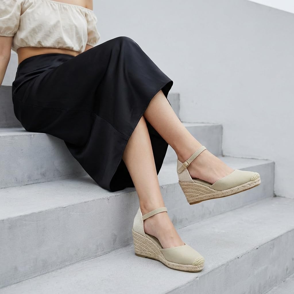 image:imageCUSHIONAIRE Elche Closed Toe Wedge Sandals for Women Platform Espadrilles Heels With Adjustable BuckleNatural