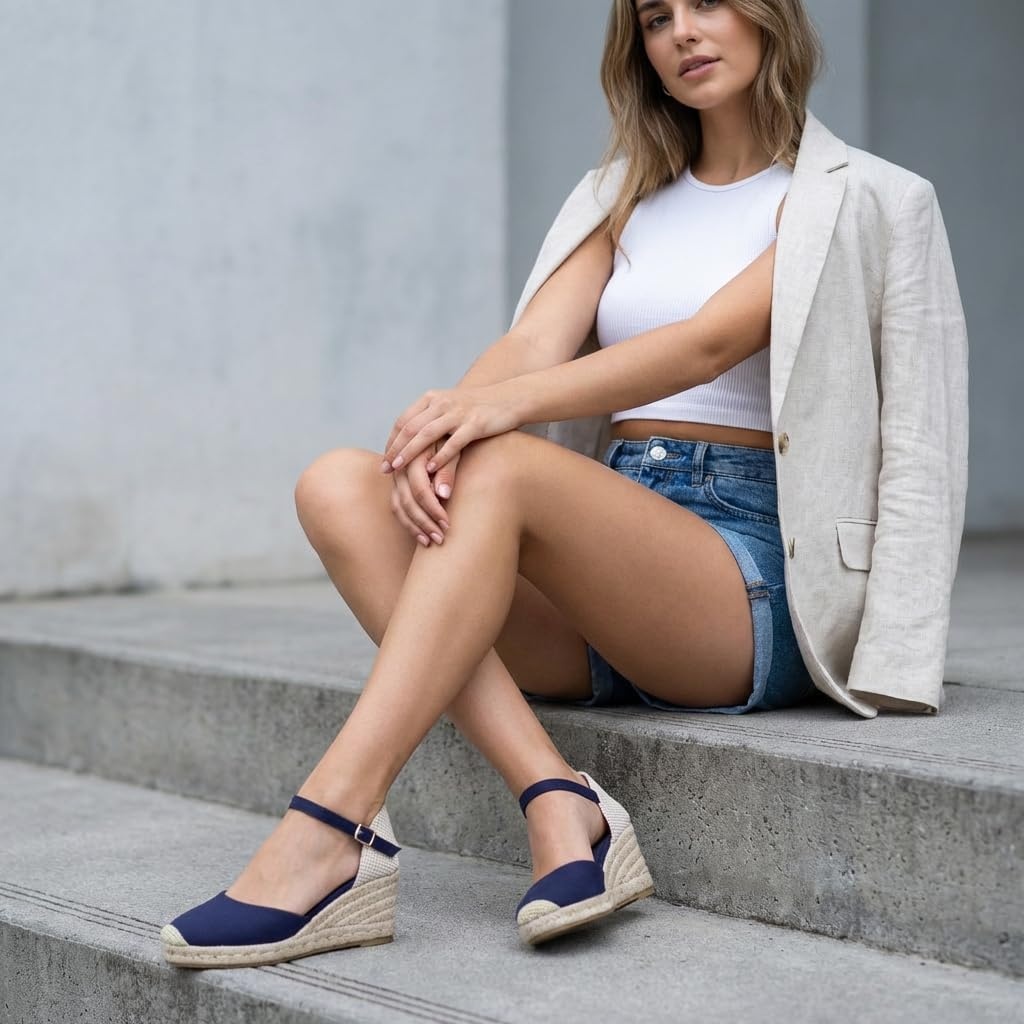 image:imageCUSHIONAIRE Elche Closed Toe Wedge Sandals for Women Platform Espadrilles Heels With Adjustable BuckleNavy