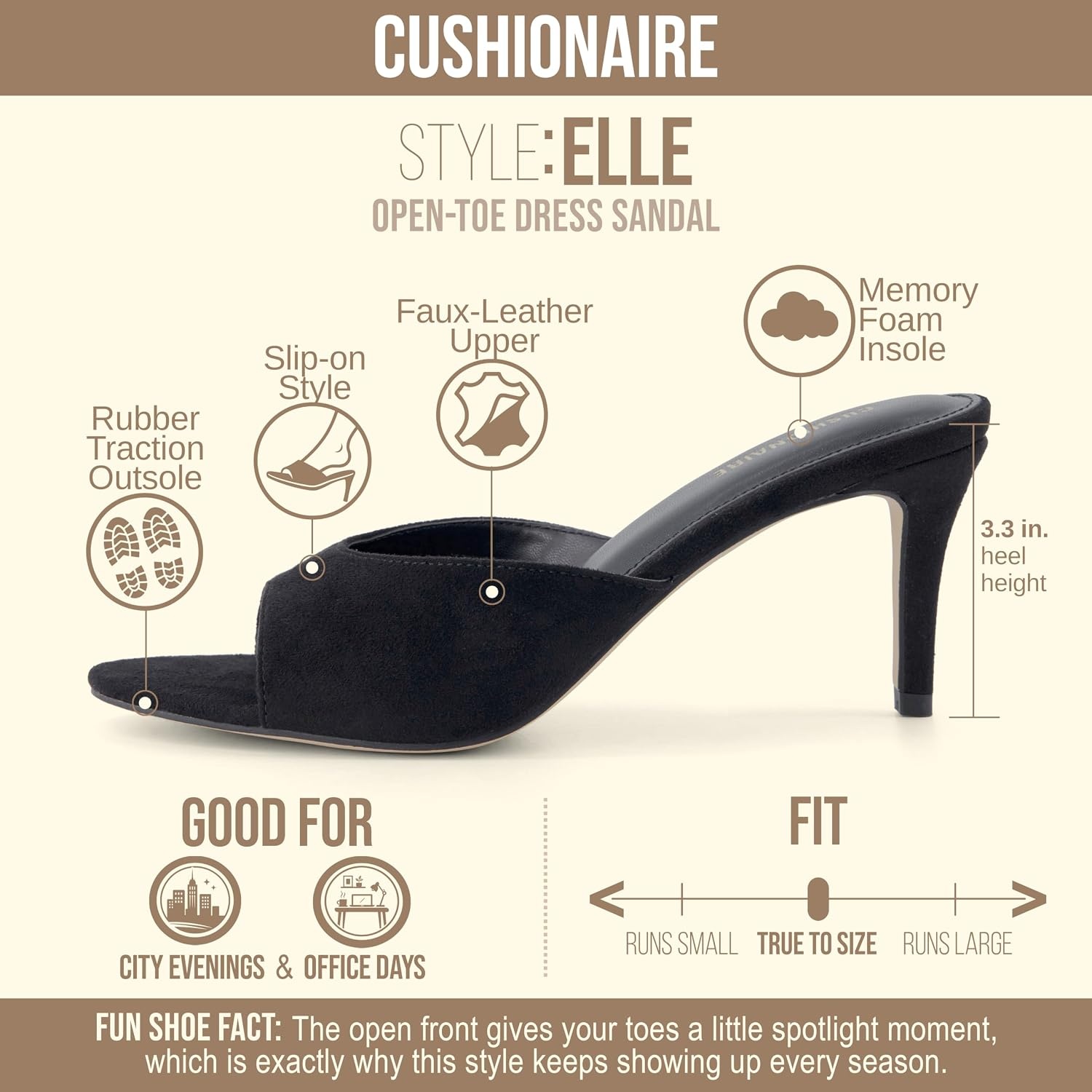 image:imageCUSHIONAIRE Elle Pointed Heel Womens Sandal Open Toe Heeled Mule with Cushioned Memory and Stiletto DesignBlack Microsuede