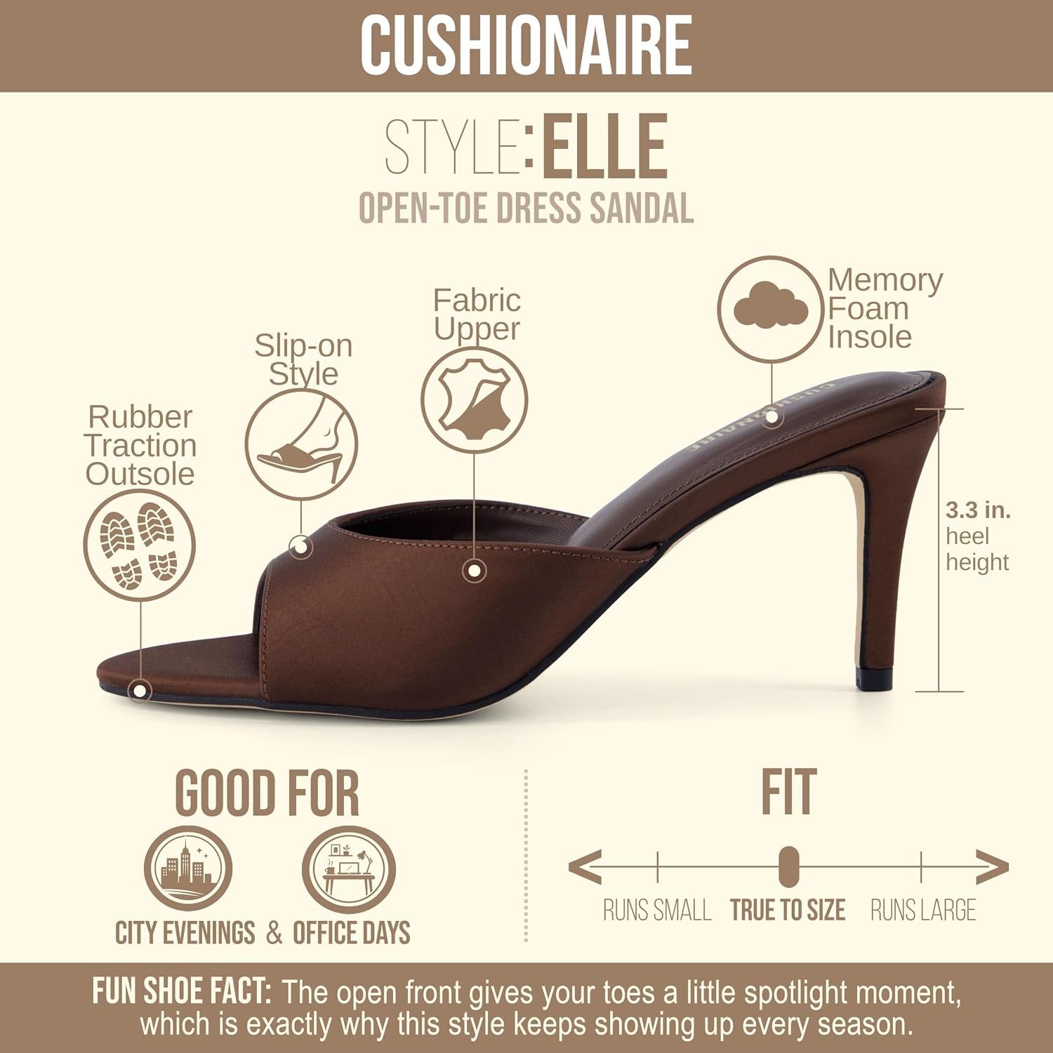 image:imageCUSHIONAIRE Elle Pointed Heel Womens Sandal Open Toe Heeled Mule with Cushioned Memory and Stiletto DesignBrown