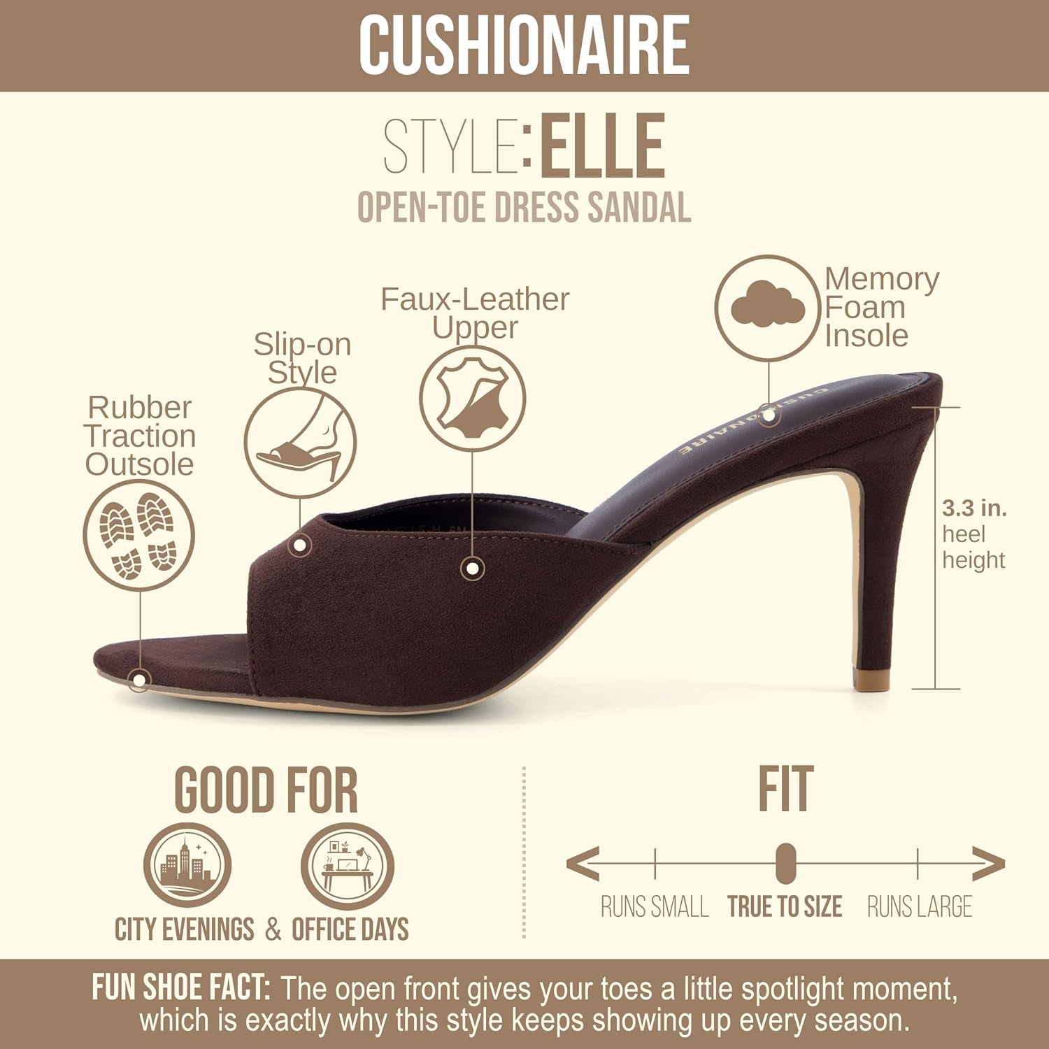 image:imageCUSHIONAIRE Elle Pointed Heel Womens Sandal Open Toe Heeled Mule with Cushioned Memory and Stiletto DesignBrown Microsuede