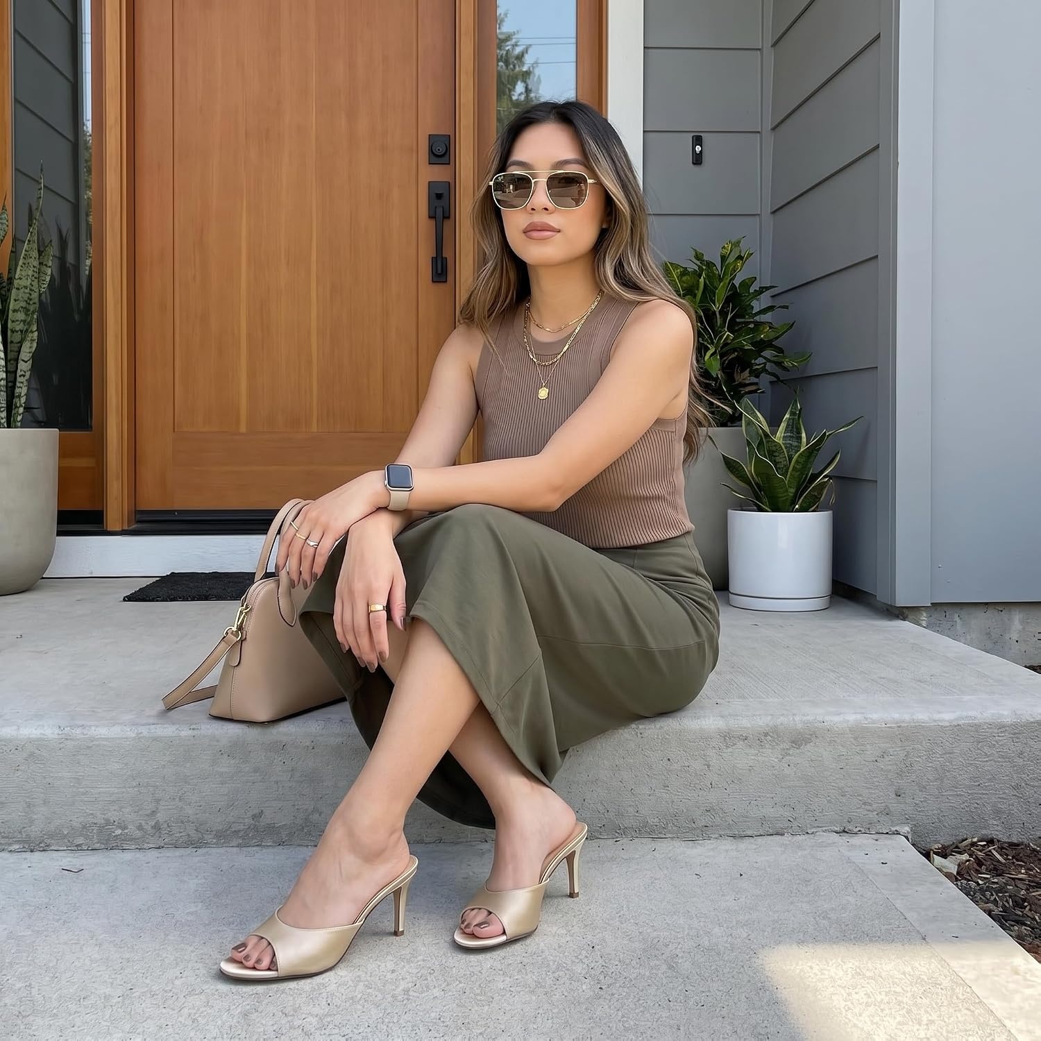 image:imageCUSHIONAIRE Elle Pointed Heel Womens Sandal Open Toe Heeled Mule with Cushioned Memory and Stiletto DesignChampagne