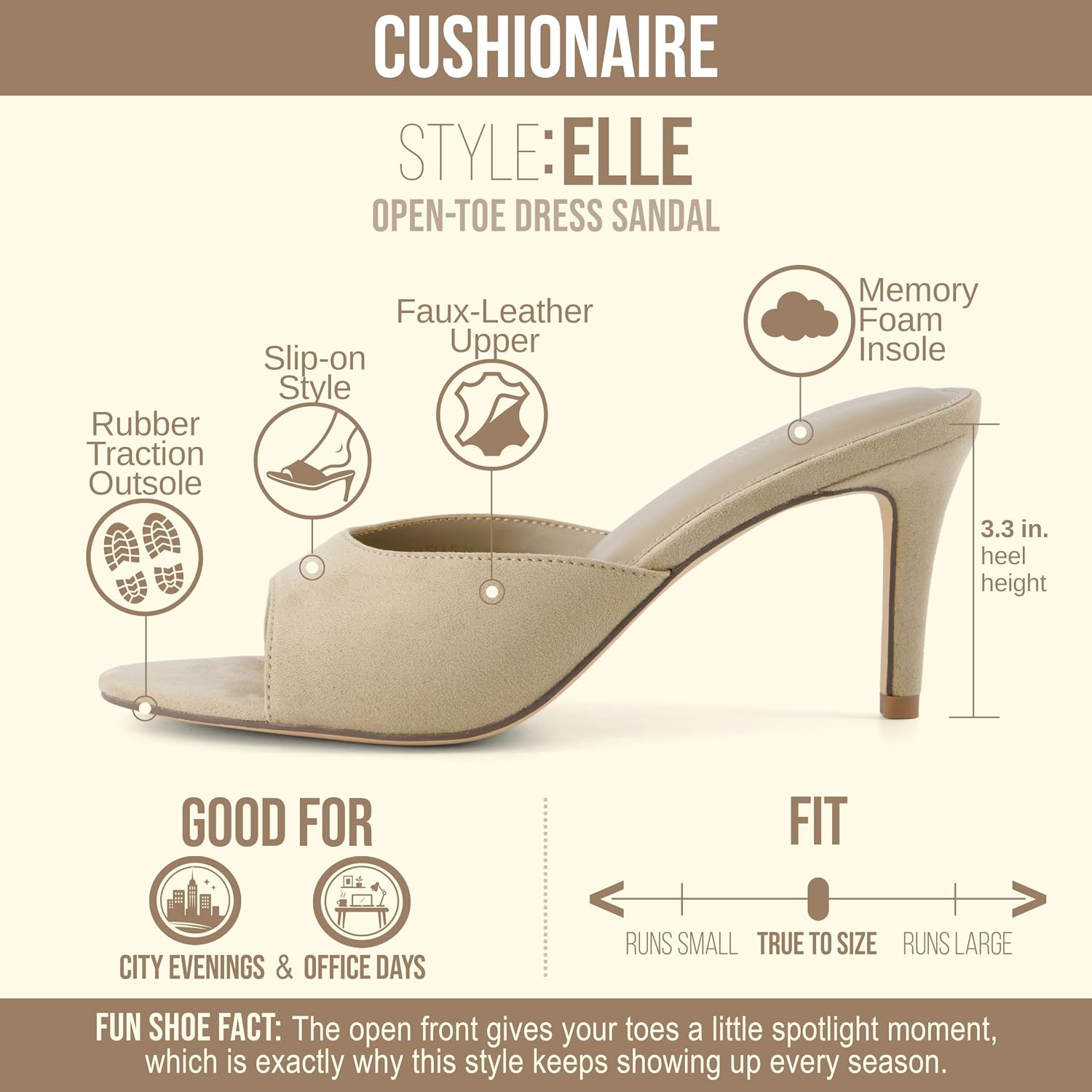 image:imageCUSHIONAIRE Elle Pointed Heel Womens Sandal Open Toe Heeled Mule with Cushioned Memory and Stiletto DesignTaupe Microsuede