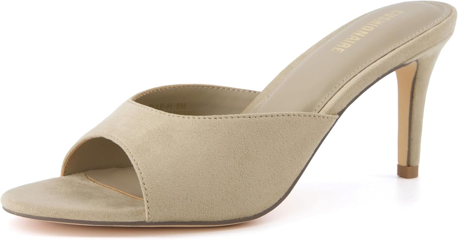 image:imageCUSHIONAIRE Elle Pointed Heel Womens Sandal Open Toe Heeled Mule with Cushioned Memory and Stiletto DesignTaupe Microsuede