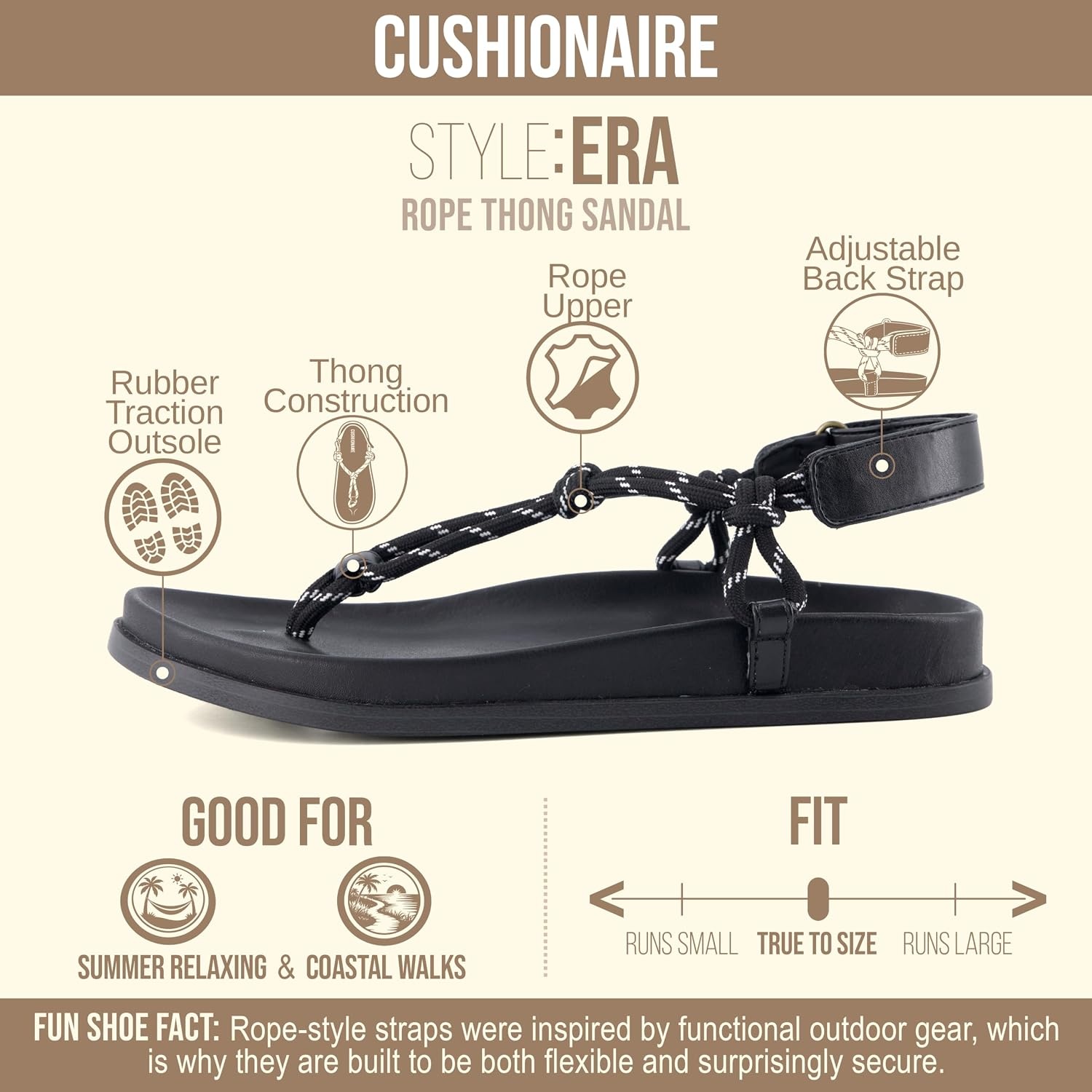 image:imageCUSHIONAIRE Era Rope Thong Strappy Sandals for Women Flat Minimalist Sandals Women Footwear with Adjustable Ankle SupportBlack