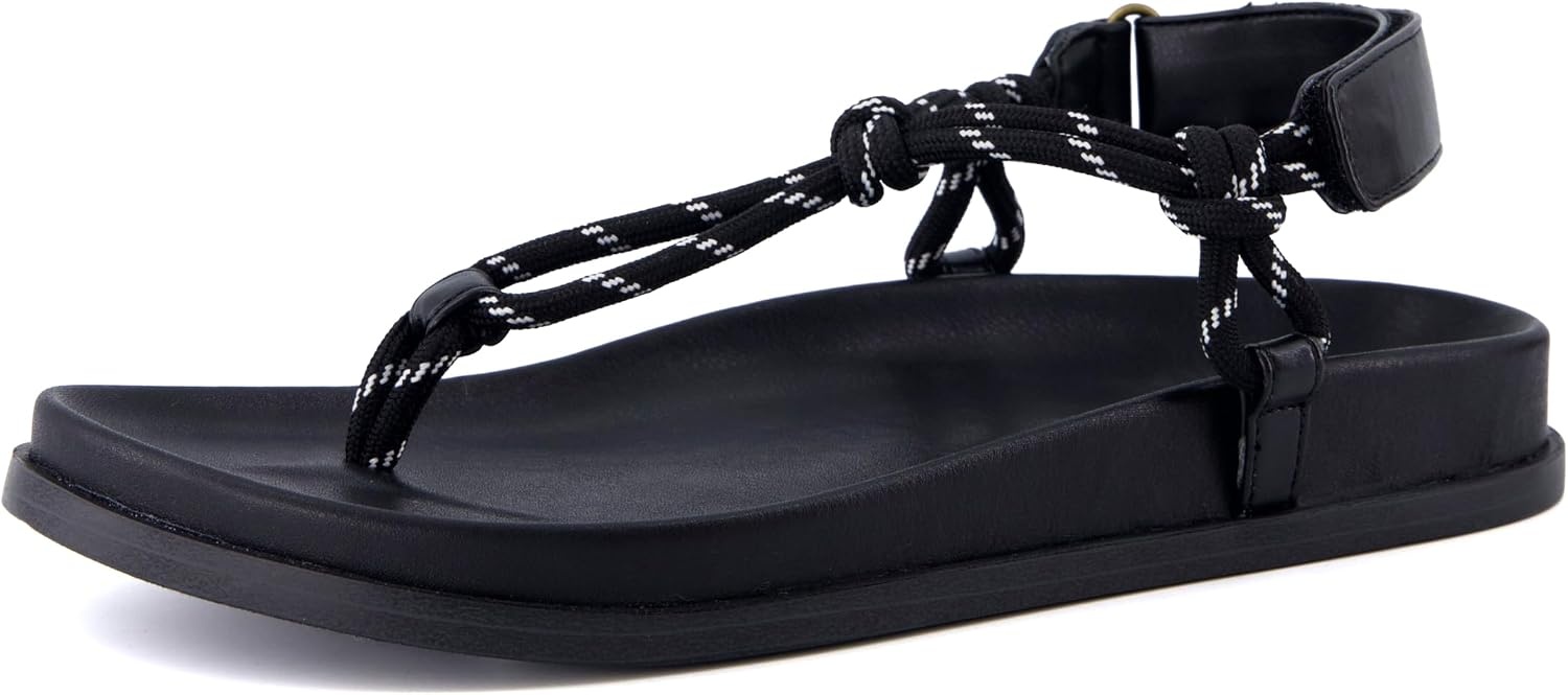 image:imageCUSHIONAIRE Era Rope Thong Strappy Sandals for Women Flat Minimalist Sandals Women Footwear with Adjustable Ankle SupportBlack
