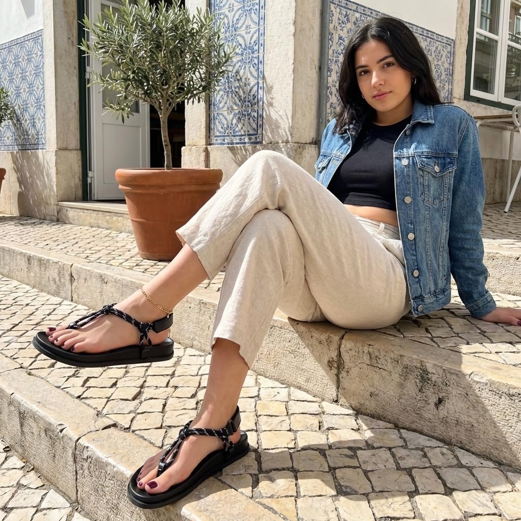 image:imageCUSHIONAIRE Era Rope Thong Strappy Sandals for Women Flat Minimalist Sandals Women Footwear with Adjustable Ankle SupportBlack