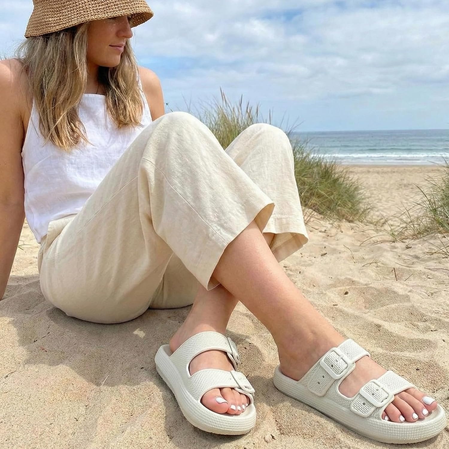 image:imageCUSHIONAIRE Fame Pillow Recovery Sandals for Women Adjustable Double Buckle Waterproof EVA Cloud Slides for WomenAloe