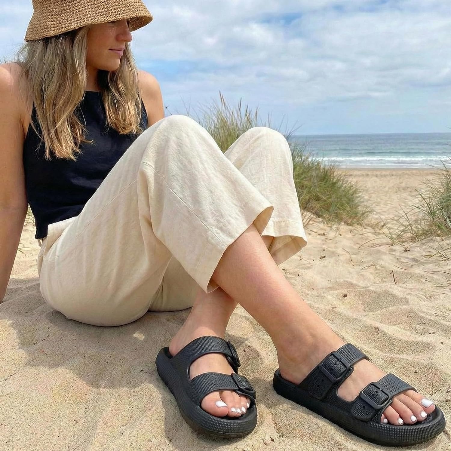 image:imageCUSHIONAIRE Fame Pillow Recovery Sandals for Women Adjustable Double Buckle Waterproof EVA Cloud Slides for WomenBlack