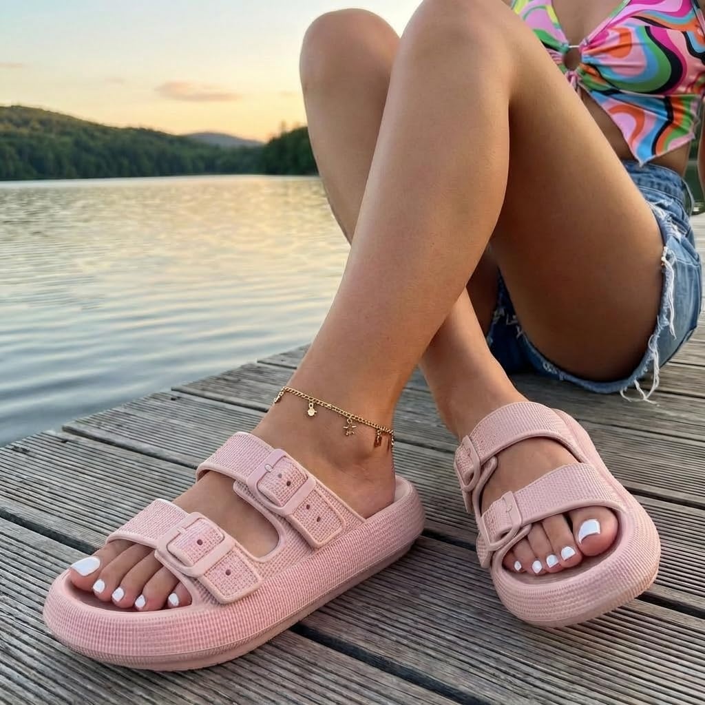 image:imageCUSHIONAIRE Fame Pillow Recovery Sandals for Women Adjustable Double Buckle Waterproof EVA Cloud Slides for WomenPink
