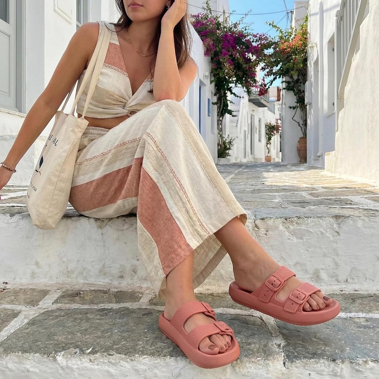 image:imageCUSHIONAIRE Fame Pillow Recovery Sandals for Women Adjustable Double Buckle Waterproof EVA Cloud Slides for WomenSalmon