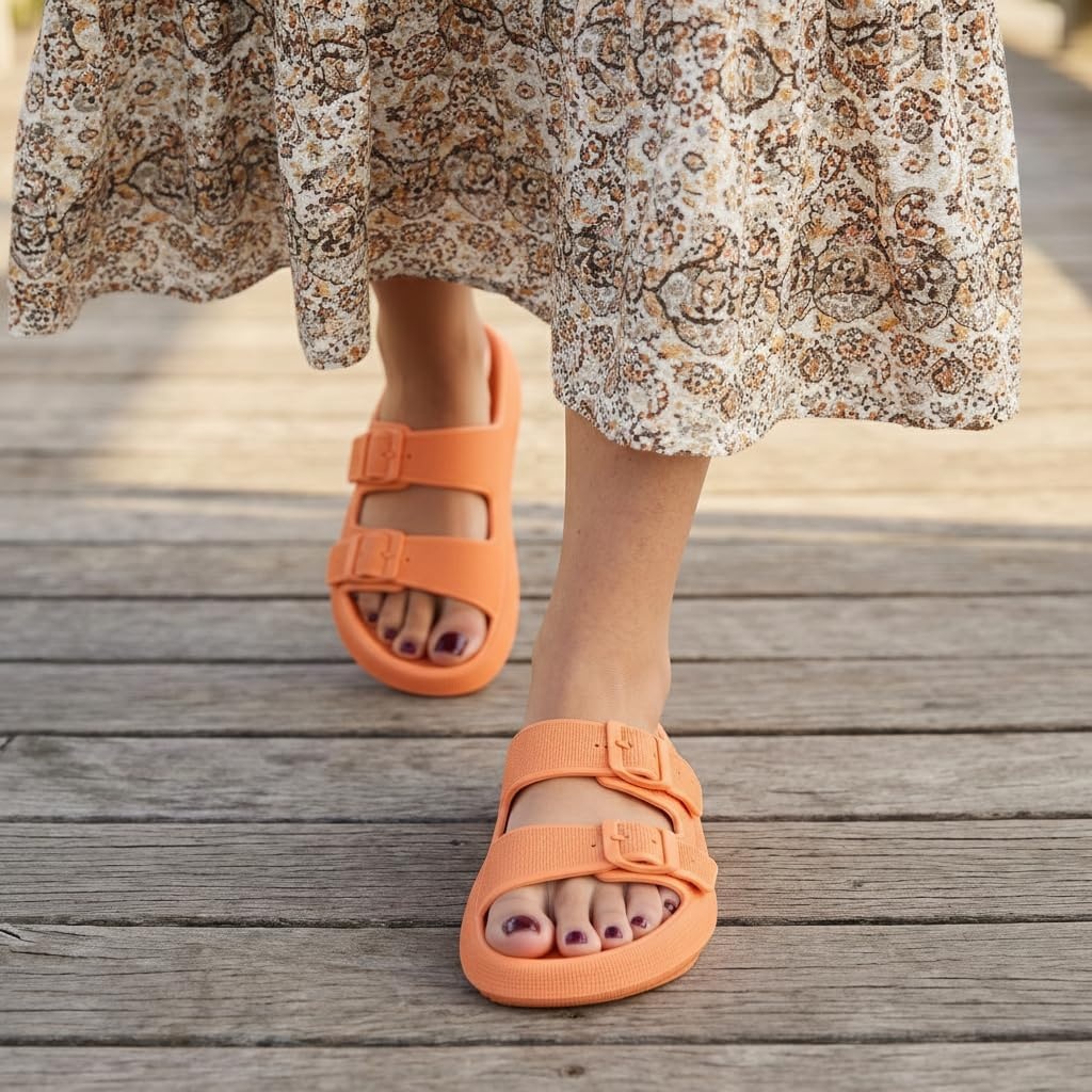 image:imageCUSHIONAIRE Fame Pillow Recovery Sandals for Women Adjustable Double Buckle Waterproof EVA Cloud Slides for WomenTangerine