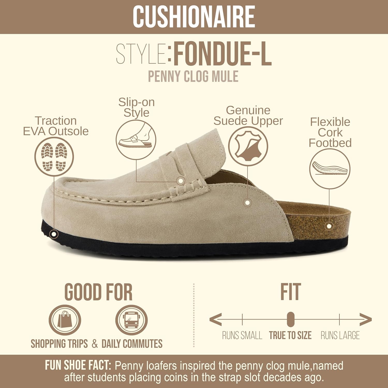 image:imageCUSHIONAIRE Fondu Genuine Leather Mule Clogs for Women Comfortable Slip On Womens Shoes with Penny Strap Accent and Memory Foam FootbedBiscuit