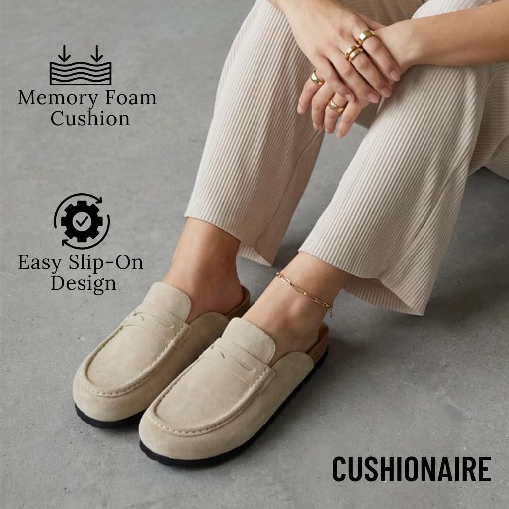 image:imageCUSHIONAIRE Fondu Genuine Leather Mule Clogs for Women Comfortable Slip On Womens Shoes with Penny Strap Accent and Memory Foam FootbedBiscuit