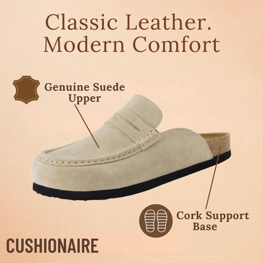 image:imageCUSHIONAIRE Fondu Genuine Leather Mule Clogs for Women Comfortable Slip On Womens Shoes with Penny Strap Accent and Memory Foam FootbedBiscuit