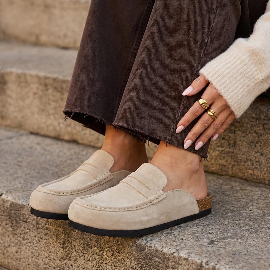 image:imageCUSHIONAIRE Fondu Genuine Leather Mule Clogs for Women Comfortable Slip On Womens Shoes with Penny Strap Accent and Memory Foam FootbedBiscuit